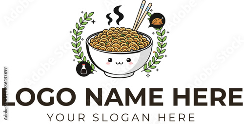 Cute noodle bowl logo vector with smiling face, steam, chopsticks, green leaves, soy sauce, and dumplings