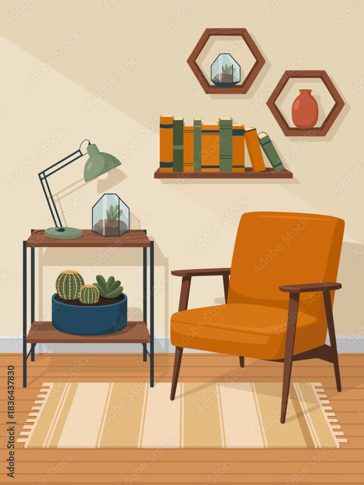 Fototapeta premium This artistic depiction of a cozy living room features cacti, stylish furniture, and a warm atmosphere, showcasing modern interior design trends for a welcoming space.