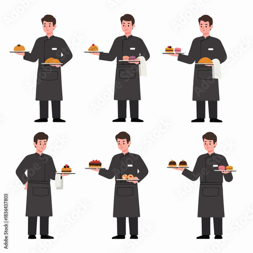 Six illustrations of a young male baker or waiter serving various baked goods, pastries, and desserts on trays, isolated on a white background.