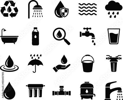 Collection of water icons showing droplets, filtration, rain, taps, recycling, hygiene, conservation, bathroom elements, and clean drinking water symbols