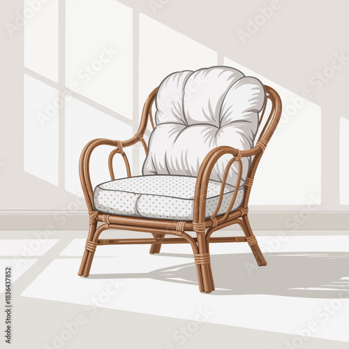 A beautifully designed rattan armchair stands alone in a bright room, accentuated by soft shadows, evoking a sense of comfort and modern style in interior decor.
