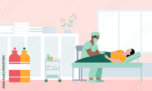 A caring medical illustration depicts a healthcare worker attending to a patient in a serene room, highlighting compassion, health, and wellness in modern healthcare environments.