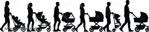 Collection of black silhouettes of mothers and fathers pushing baby strollers and prams, isolated on white, symbolizing modern parenting, family walks, infant care, and outdoor activity.