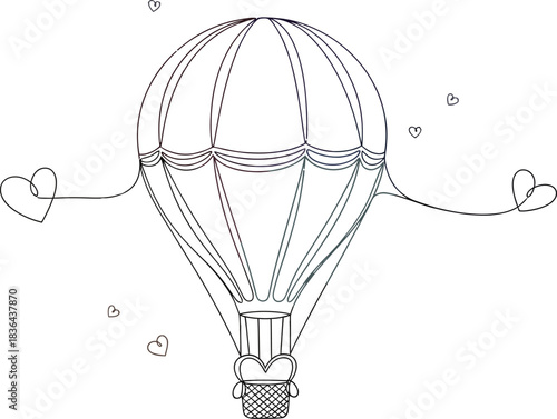 Pastel hot air balloon with heart strings floating in a dreamy sky design