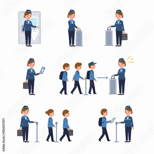 Flat design vector set showing airline staff interacting with passengers during boarding and ticket verification processes at the airport.