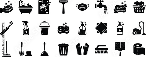 Essential household cleaning and hygiene icons set featuring tools, supplies, sanitation symbols, and home maintenance elements for professional vector design use