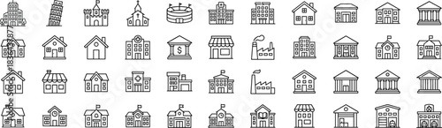 Comprehensive building and architecture icon set featuring homes, schools, factories, monuments, and public structures for diverse urban planning and design projects