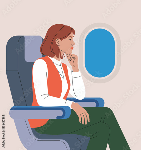 This image captures a thoughtful woman gazing out the airplane window, reflecting on her journey while seated comfortably during a flight, evoking travel emotions.