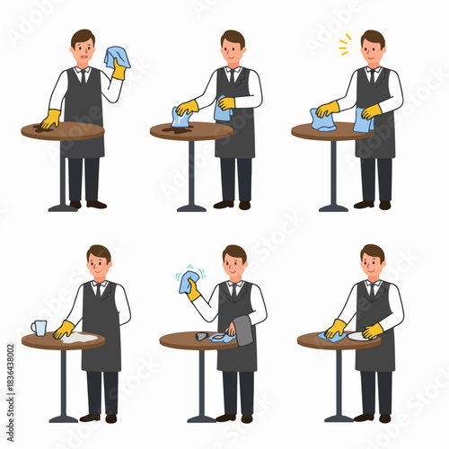 Illustration Set of Waiter or Service Worker Cleaning a Dirty Cafe Table, Showing the Process of Wiping and Maintaining Hygiene.