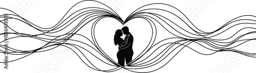 Silhouette of a couple embracing inside a heart formed by flowing black lines