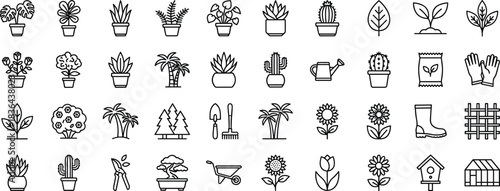 Garden plants line icons set featuring flowers cacti trees tools pots greenhouse equipment and landscaping nature symbols collection