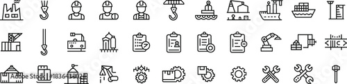 Industrial construction and engineering line icons set featuring factory, machinery, tools, workers, shipping, logistics, automation, measurement and equipment symbols