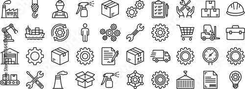 Industrial logistics line icons set featuring manufacturing factory equipment tools shipping warehouse automation quality control and supply chain management symbols