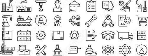 Industrial logistics, manufacturing process, supply chain workflow, shipping operations, automation technology, warehouse management, machinery tools, and production equipment line art icon set