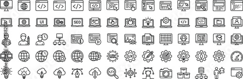 Modern web development line icon set featuring coding, UI UX, SEO, analytics, cloud, devices, technology interface symbols collection for designers