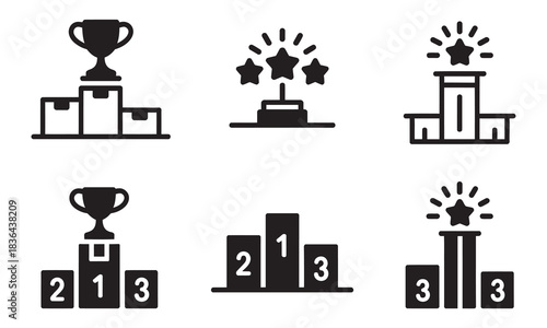 Six award icons with trophies and stars on podiums for ranking
