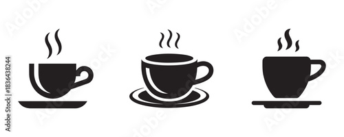 Steaming coffee cups icons in black on white background