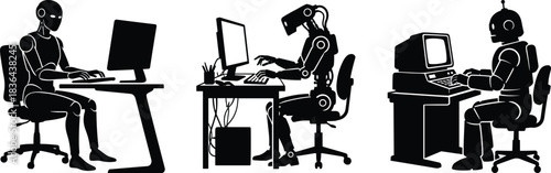 Robots working at computers in modern and retro office environments illustrating technology evolution, artificial intelligence development, automation, and digital productivity concepts