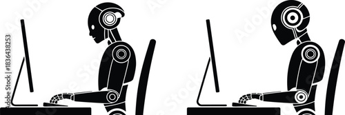 Robots working at computers showing correct and incorrect posture, highlighting ergonomic sitting positions in futuristic artificial intelligence office environment