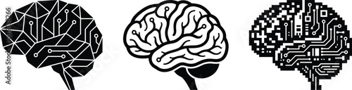 Set of abstract digital brain illustrations showing geometric, organic, and pixel circuit designs representing artificial intelligence, neural networks, and modern technology concepts