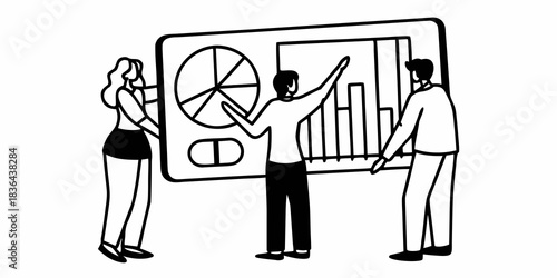 People analyzing data on a screen with pie chart, bar graph and interface elements in black and white style