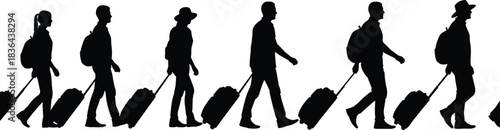 Large collection of over 30 black traveler silhouettes, male and female, walking and standing with rolling 
