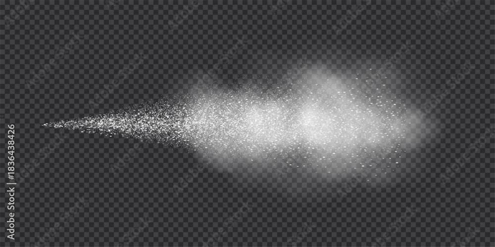 Fototapeta premium Spray splatter texture background. White droplets spreading outward into dispersed dots with smoke cloud on transparent backdrop. Dynamic aerosol flow. Minimal abstract vector illustration.