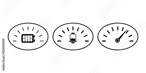Three oval gauges showing battery level and a needle gauge in black and white illustration