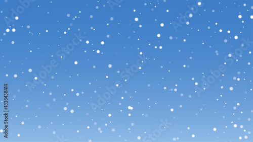 Snowfall background with soft white snowflakes drifting across blue sky. Gentle winter atmosphere with floating particles. Festive, season, climate design. Abstract vector illustration.