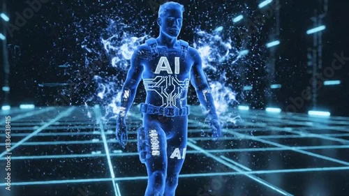 Futuristic AI man standing on a digital grid with circuit board patterns and particle effects artificial intelligence.