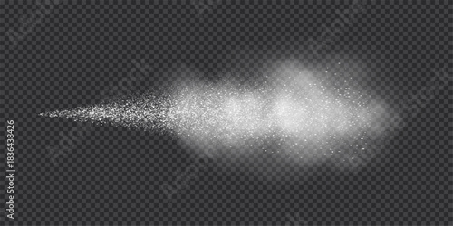Spray splatter texture background. White droplets spreading outward into dispersed dots with smoke cloud on transparent backdrop. Dynamic aerosol flow. Minimal abstract vector illustration.