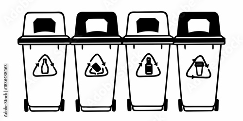 Four recycling bins with different recycling symbols in a row in black and white style