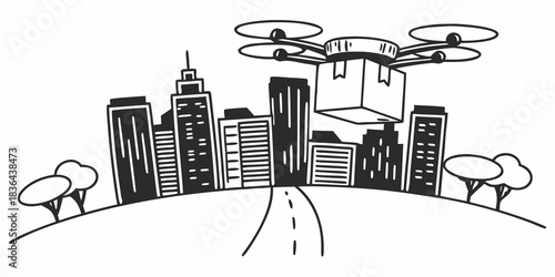 Drone delivery carrying a package over a city skyline with road and trees in a black and white sketch