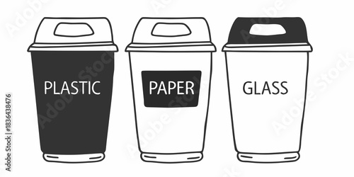 Three recycling bins labeled plastic paper and glass in black and white simple line drawing style art