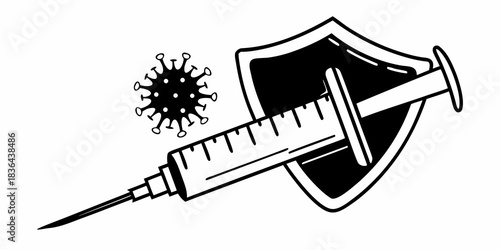Black and white illustration of a syringe placed over a shield with a virus particle nearby