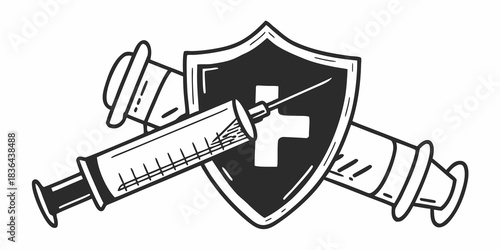 Illustration of two syringes crossing behind a shield with a medical cross symbol inside it