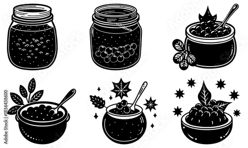 Illustration of various jars and bowls filled with berries and leaves in a black and white design style