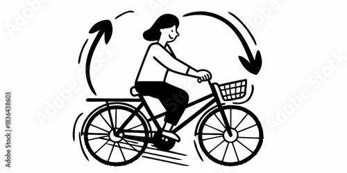 Illustration of a woman riding a bicycle with arrows indicating motion and a basket on the front 100