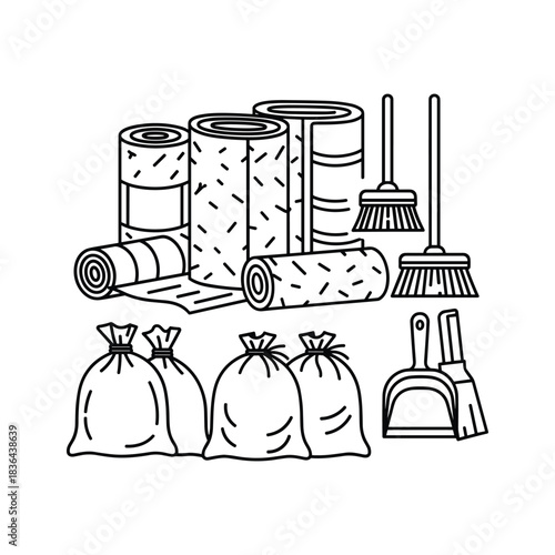 Cleaning Supplies and Waste Management Line Art Icons