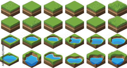 Isometric 3D game terrain tiles with grass and water variations vector illustration