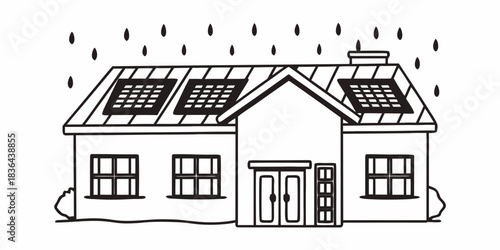 Illustration of a house with solar panels on the roof during rainfall in black and white outline style