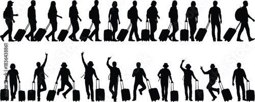 Collection of eight professional business people silhouettes, male and female, writing notes or signing documents on clipboards and tablets, representing office tasks, communication, and management.