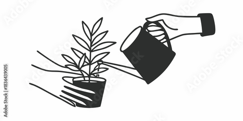 Hand watering a potted plant held by another hand in a minimalist black and white illustration style