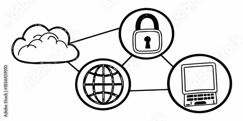 Cloud network security connecting a cloud, globe, padlock, and laptop in a diagram design style