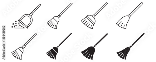 Essential cleaning tool set featuring various broom and dustpan line art and solid silhouette icons for utility design