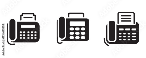 Three distinct black and white fax machine icons representing communication and outdated office technology concepts