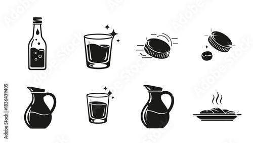Collection of Black and White Drink and Food Icons.