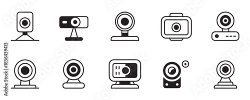 Collection of modern line art icons representing various computer webcams for digital communication and video streaming