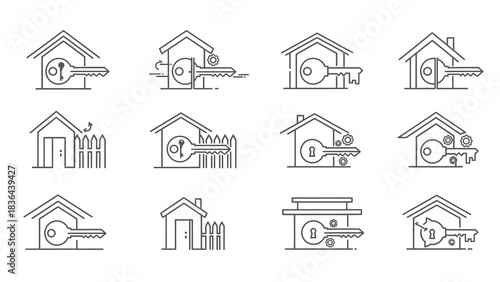 Collection of House and Key Icons in Linear Style.