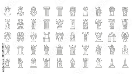 Collection of Ancient Architectural Structures and Sculptures in Linear Style.